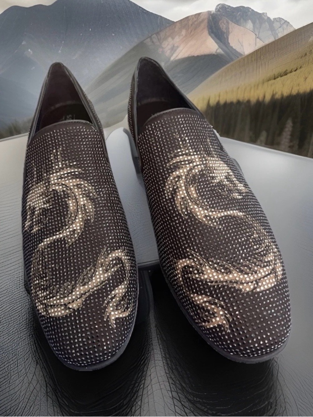 Section X Men’s 9.5 Fire Breathing Dragon Black Studded Flame Loafers Slip-On